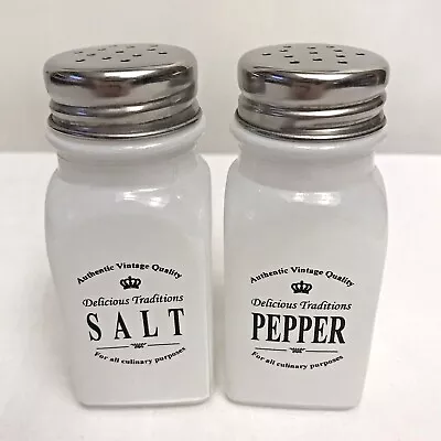 Farmhouse Salt & Pepper Shakers White Black Milk Glass Typography Words Letters • $9.08