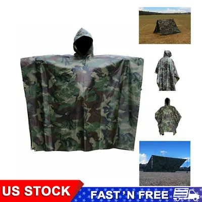 $33.99 • Buy Poncho Military Woodland Ripstop Wet Weather Raincoat  Camping Hiking Camo US