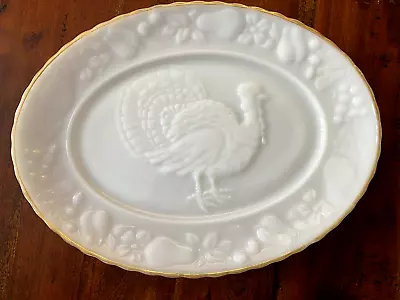 Vintage Anchor Hocking Milk Glass With Gold Trim 12.5  Turkey Platter • $58.16