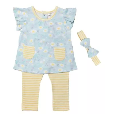 Baby Girls Top & Leggings Set Headband Outfit Daisy Yellow Blue 3 6 9 12 18 Mths • £11.95