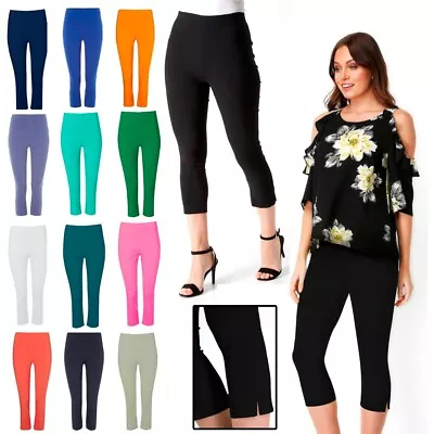  Ladies Plain Lace Trim Stretchy 3/4 Length Capri Jegging Crop Leggings Jean Gym • £5.99