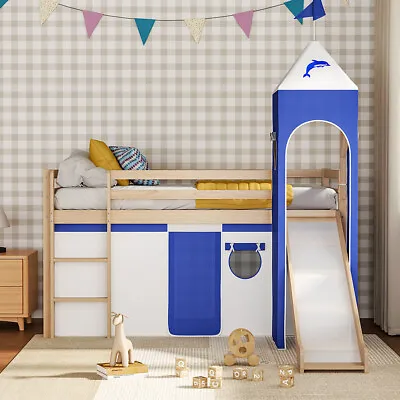 3FT Single Cabin Bed Solid Pine Wood Mid Sleeper Bed Bunk Bedframe Tent W/ Slide • £309.95