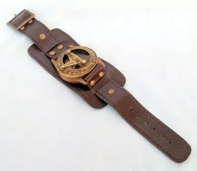 Sundial Wrist Watch Brass Compass & Leather Straps Nautical Steampunk Handmade • $27.92