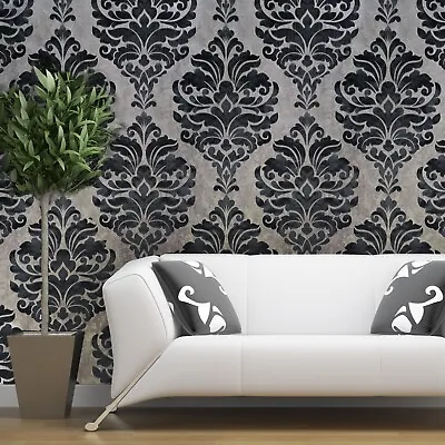 Wallpaper Flocking Brown Taupe Black Flocked Victorian Velvet Large Damask Rolls • $4.35