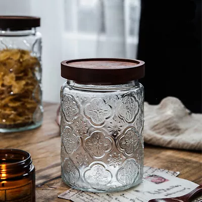 700ml Vintage Decorative Airtight Kitchen Glass Jar Coffee Bars With Wood Lid AU • $31.92