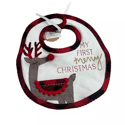 Mudpie Alpine Village First Christmas Plaid Red White Minky Bib Reindeer  OS • $8.80