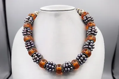 Masha Archer Necklace With Pearls And Simulated Amber Silver-color Discs • $375