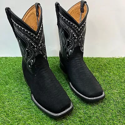 Mens WESTERN COWBOY Leather PYTHON MATTE BLACK Print Square Toe Boots BOTA PITON • $142.79