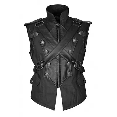 Handmade Men Gothic Military Vest Diesel Punk Army Waistcoat Leather Vest Black • $89.99