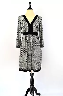 ECI NEW YORK Black White Fit & Flare DRESS S Geometric Floral Print Knit Office • $10