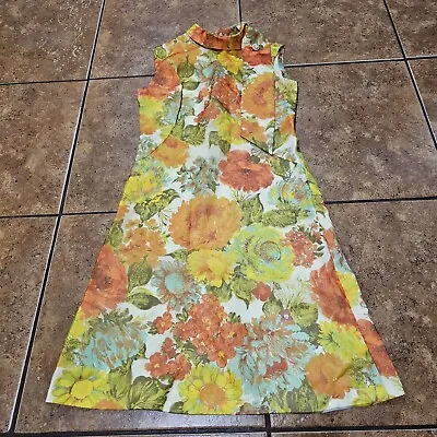 True Vintage HOUSEWIFE  Dress FLORAL MADMEN BETTY DRAPER Yellow Orange Scarf • $70