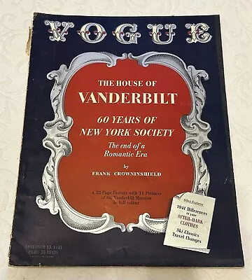 Vintage Vogue Magazine November 15 1941  The House Of Vanderbilt  • $34.95