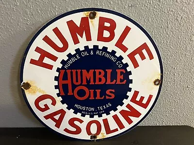 Vintage Humble Gasoline Sign - Gas Motor Oil Pump Porcelain Sign - Houston Texas • $13