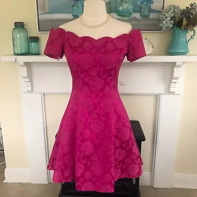 Vtg 80s Roberta Hot Pink Off Shoulder Brocade Dress Size 3/4 Scallop Petticoat • $60