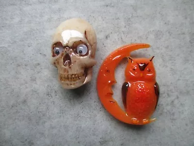 Vintage Style Halloween OWL & Moon In Orange + SKULL  Pin Brooch LOT  • $9.95