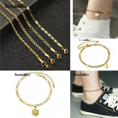 Figaro Chain Initial A-Z Anklet Bracelet Gold Plated Stainless Steel Adjust Link • $8.54