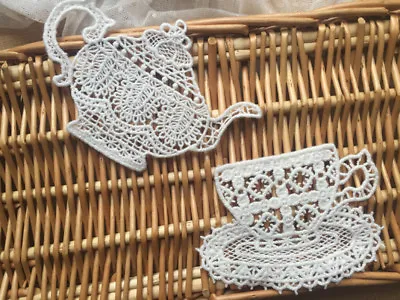 Off White Lace Trim Embroidery Tea Pot And Cup Motif Costume Lace Applique 1 Set • £3.35