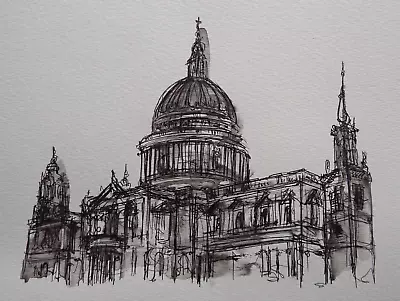 Original Brown Tint Pen & Ink Wash Drawing Of St Paul's Cathedral London • £29.99