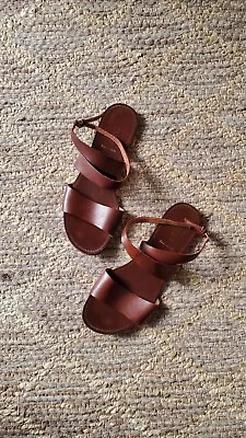 J Crew Dark Brown Italian Leather Ankle Wide Strap Flats Sandals Shoes Women 9 • $49.99