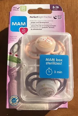 NEW 2 Pacifiers + Sterilizer Box 0-6 Months MAM Perfect Night Glows In The Dark • $12