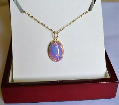 Large Rare Vintage Fire Opal Cabochon Oval 14K Yellow Gold Pendant Handmade • $167.90