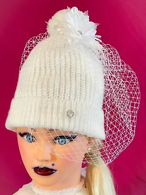 White Veil Netted Flower Heart Rhinestones Knit Beanie Hat Fascinator Handmade • $40