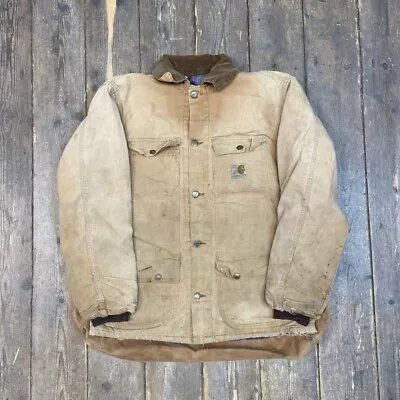 Carhartt Chore Jacket Blanket Lined 80s Denim Hunting Coat Beige Mens Medium • £120