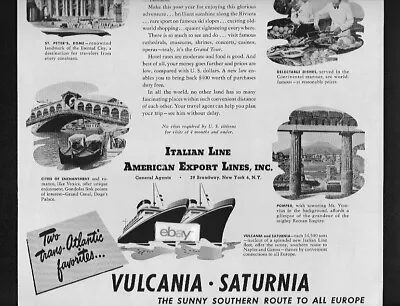 Italian Line American Export Lines Inc Sunny Italy By Vulcania & Saturnia Ad • $5.99