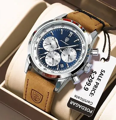 Mens Luxury Leather Watch Waterproof Luminous Date Chronograph Quartz Wristwatch • £14.99