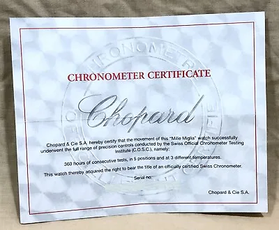 £199.99 • Buy CHOPARD Chronometer Certificate For MILLE MIGLIA Certificato OEM BLANK Original/
