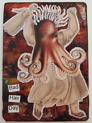 Mixed Media Collage Art Card ACEO ATC Dark Surrealism Octopus Girl BAD HAIR DAY • $9.99