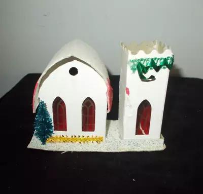 VTG PUTZ Japan Cardboard Paper Mache Christmas House~MICA+BOTTLE BRUSH TREE~#13 • $7.99