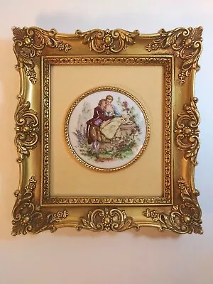 Vtg Victorian Ormolu Tile Courting Signed Mounted On Cream  Velvet Gold Frame • $32