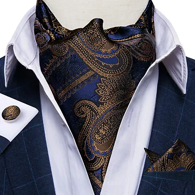 Mens Silk Ascot Cravat Tie Blue Paisley Floral Check Hanky Cufflinks Set Wedding • $10.82