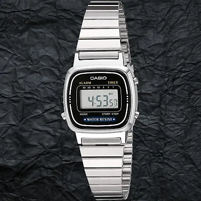 Casio Ladies Black Digital Classic Vintage Silver Steel Band Watch LA670WA-1 New • $25.99