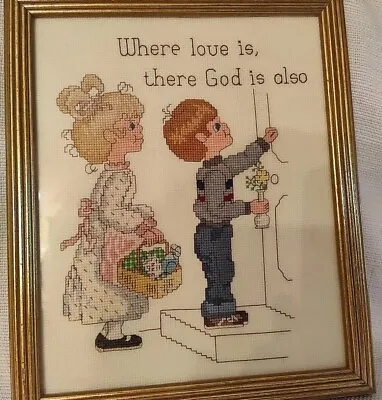 Vtg Framed Needlepoint  Where Love Is There God Is Also  Hanging Picture 12X10 • $14.21