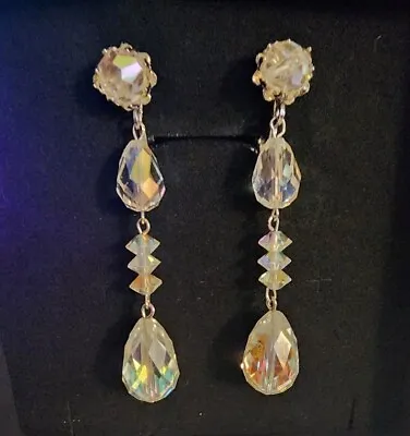 Vendome Long Aurora Borealis Crystal Drop Earrings Clip-on Silver Tone Designer • $32