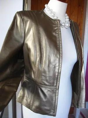 £84.99 • Buy M&S Gold Leather JACKET COAT Metallic 10 8 Bolero Cropped Xmas Party Real
