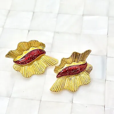 $14.99 • Buy Red Enamel Glitter & Gold Tone Clip On Earrings The Vintage Strand Lot #9771