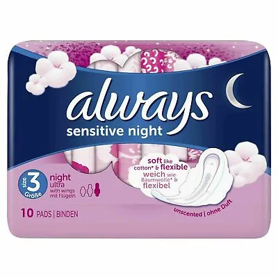 £4.53 • Buy Always Sensitive Night Ultra Sanitary Towels Soft With Wings Size 3, 10-100 Pads