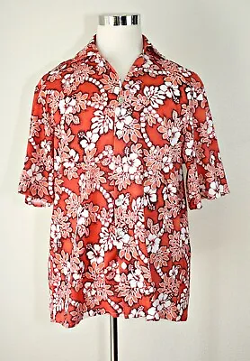 VTG MAGNUM PI Hawaiian Casual Shirt Knit Button Up Orange White Black Floral #03 • $16.50