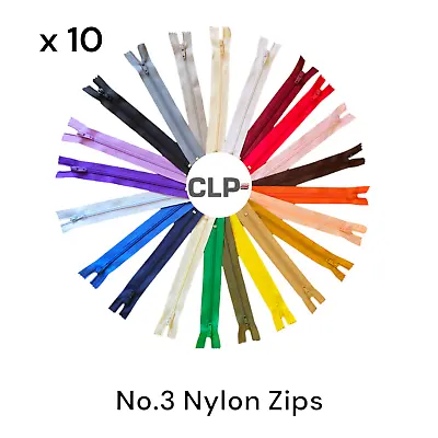 Nylon Zips No3 Closed End  6  - 24  Multi 22 Colours Wholesale  10 Zips Per Pack • £4.89
