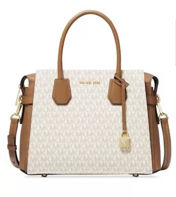 Michael Kors Mercer Belted Signature Satchel Vanilla/Acorn/Gold Original Pkg • $190