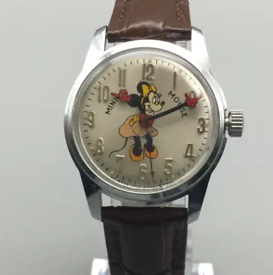 Vtg Helbros Disney Minnie Mouse Watch Women Silver Tone Leather Band Manual Wind • $162.49