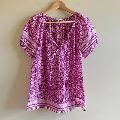 JOIE Orchid Purple White Print Cotton Silk Voile Blouse Size S Top Short Sleeve • $28.49