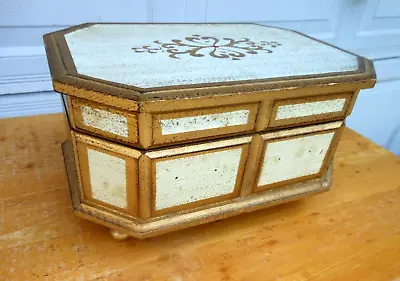 Vintage Wood Jewelry Music Box Somewhere My Love Footed Shabby Chic Gold • $38.44