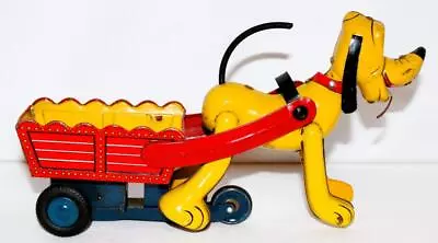 EX! DISNEY 1950's LINEMAR  PLUTO PULLING CART  LITHOGRAPHED TIN FRICTION TOY • $379.99