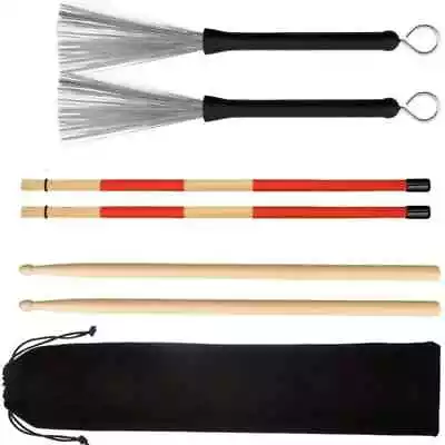 Drum Rod Sticks Set 5A Maple Wood Drumsticks Steel Wire Brushes With Storage Bag • $26.19