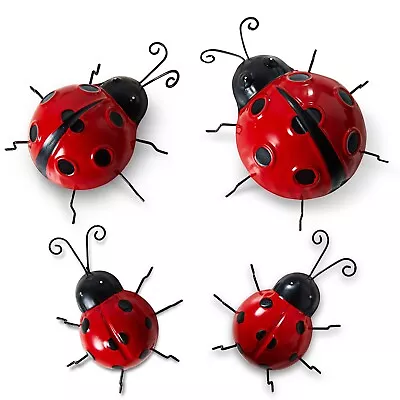 4pc Metal Ladybird Garden Wall Decorations 3D Outdoor Ladybug Garden Ornaments • £11.95