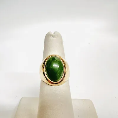 Vintage 14k Yellow Gold Oval Cabochon Green Jade/Jadeite Wide Ring • $899.95